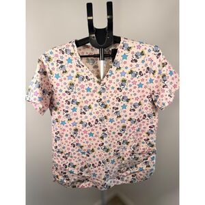 Disney Minnie‎ Mouse Scrub Top Pink Star Print V-Neck Medical Uniform Small 6